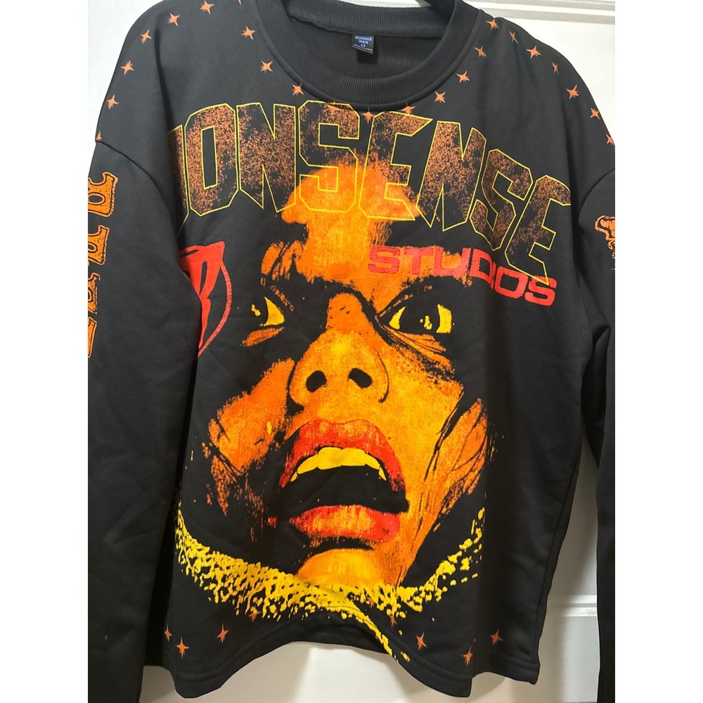 Romwe‎ Men Nonsense Studios Graphic Sweatshirt Black Orange Horror Streetwear M
